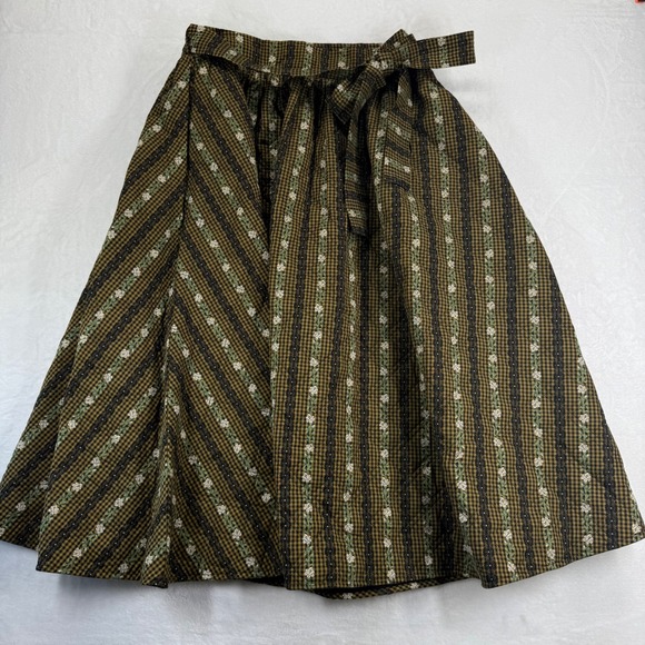 Loeffler Randall Dresses & Skirts - Loeffler‎ Randall XL Skirt Quilted Gingham Floral Stripe Brown Yellow Midi Tie